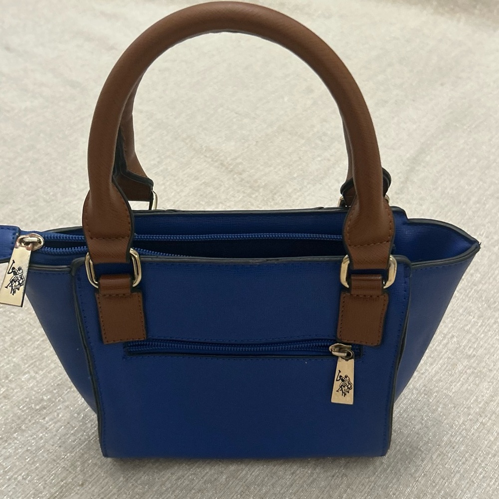 U.S. Polo Assn Satchel Handbag Blue w/Green Stripe Brown Handles Gold Hardware - Picture 2 of 14